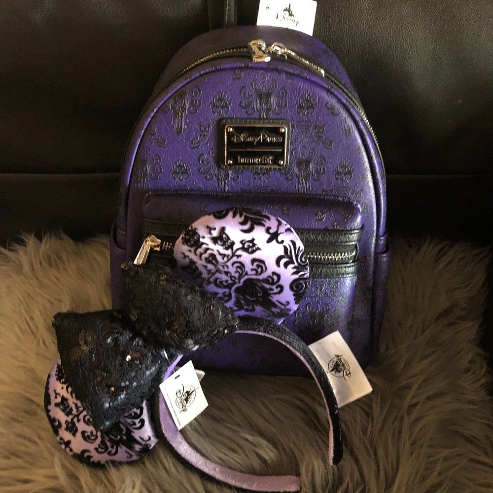 NWT Loungefly Disney Parks Haunted Mansion Purple Mini Backpack Minnie Ears Goth